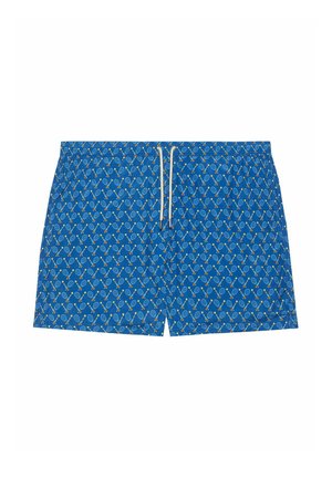 Modré plavky s kruhovým vzorem v žluté a oranžové barvě, se stahovacími šňůrkami v pase a hladkým textilií.