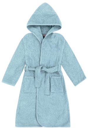 Hellblauer Kapuzenbademantel mit langen Ärmeln, zwei Fronttaschen und einem gebundenen Taillengürtel aus weichem, saugfähigem Stoff.