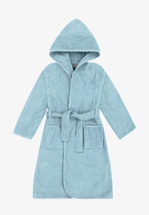 Hellblauer Kapuzenbademantel mit langen Ärmeln, zwei Fronttaschen und einem gebundenen Taillengürtel aus weichem, saugfähigem Stoff.