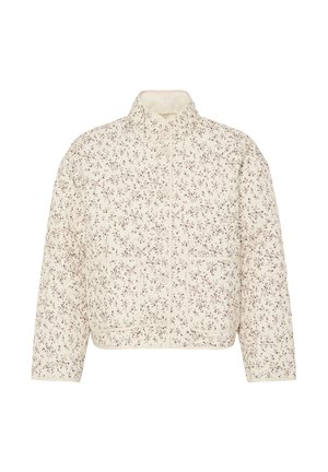 Veste matelassée couleur crème avec motif floral brun délicat, col montant, fermeture par boutons et deux poches frontales.