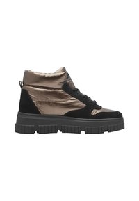 Botas tobilleras negras y de bronce metálico, con ante texturizado y materiales sintéticos lisos, que presentan una suela de goma gruesa y un diseño de cordones.
