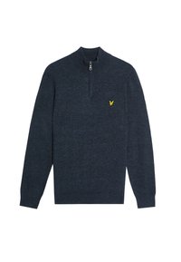 Maglione blu navy con colletto a metà zip, polsini e orlo a coste. Presenta un piccolo logo di un uccellino giallo sul lato sinistro del petto. Tessuto morbido e strutturato.