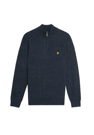 Marineblauwe trui met een halve ritssluiting bij de kraag, geribde manchetten en een geribde zoom. Heeft een klein geel vogellogo op de linkerkant van de borst. Zacht, textuurstof.