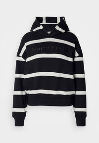 Sudadera con capucha de rayas blancas y negras con diseño de cuello en V, puños acanalados y nombre de la marca bordado en el pecho. Tejido suave de mezcla de algodón.