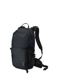 Mochila de senderismo negra con múltiples compartimentos con cremallera, correas acolchadas para los hombros, bolsillos laterales y cinturón de cintura ajustable.