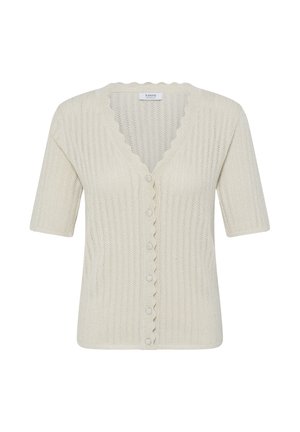 Krém színű kötött rövid ujjú kardigán hullámos V-nyakkivágással és gombos elülső záródással.
