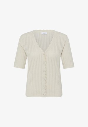 Cream-colored knitted short-sleeve cardigan with scalloped V-neckline and button closure down the front.