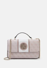 Light pink handbag with a gold chain strap. Features a white leather panel and a circular gold logo on the front. Smooth texture, rectangular shape.