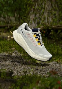 Salomon trail running shoes in white and grey with yellow accents. Textured mesh upper, cushioned sole, and distinctive logo design.