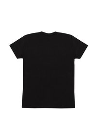 Sort T-shirt med korte ærmer og rund hals lagt fladt ud med bagsiden opad på en hvid baggrund.