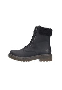 Schwarze Leder-Stiefelette mit einem strukturierten schwarzen Fellbund, runder Spitze, Schnürdesign und dicker Gummisohle mit einem markanten Profil.