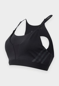 Svart sport bh laget av glatt stoff, med racerback-design, justerbare stropper og diskrete stripete detaljer på siden.