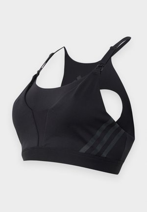 Top desportivo preto feito de tecido suave, com um design de costas nadador, alças ajustáveis e detalhes listrados subtis nas laterais.
