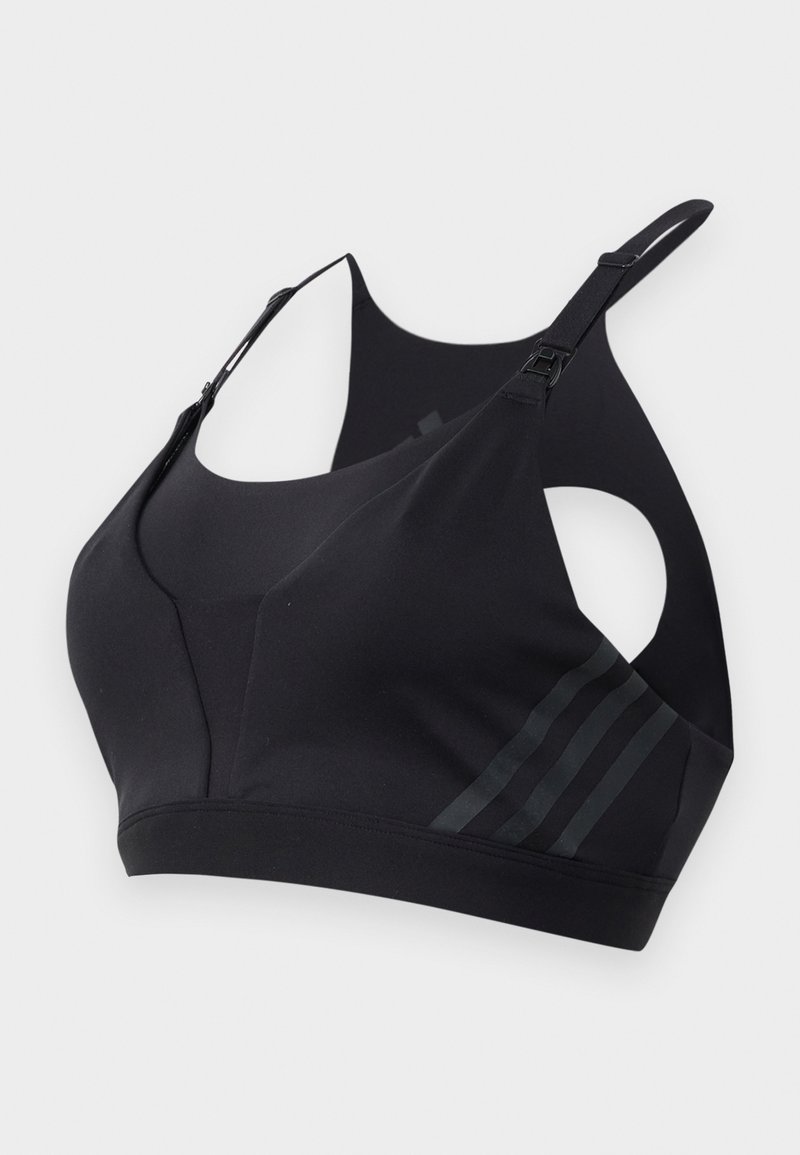 Svart sport bh laget av glatt stoff, med racerback-design, justerbare stropper og diskrete stripete detaljer på siden.