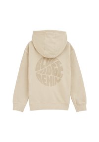 Beige Kapuzenpullover mit Kängurutasche und gerippten Bündchen. Auf der Rückseite befindet sich ein kreisförmiges, durchlöchertes Grafikdesign mit Text. Weiches Material.