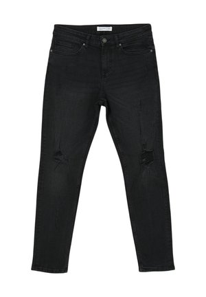 Jeans in denim nero con vestibilità slim, toppe strappate sulle ginocchia, design a cinque tasche e chiusura con bottone e cintura con passanti.