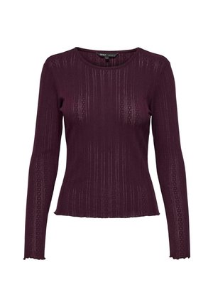 Haut à manches longues en maille côtelée de couleur violet foncé avec un motif vertical subtil et un col rond, style ajusté avec un ourlet et des poignets légèrement festonnés.