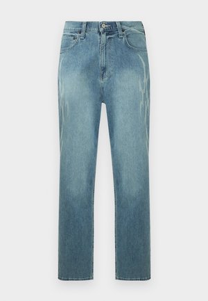 Blugi albastru deschis cu croială dreaptă, cu imprimeu de leopard estompat pe părțile laterale, nasture frontal și design clasic cu cinci buzunare.