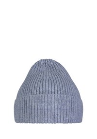 Cappello di lana lavorato a maglia blu chiaro con texture a coste e cima arrotondata, progettato per calore e comfort.