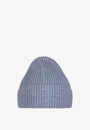 Bonnet tricoté bleu clair avec une texture côtelée et un sommet arrondi, conçu pour la chaleur et le confort.