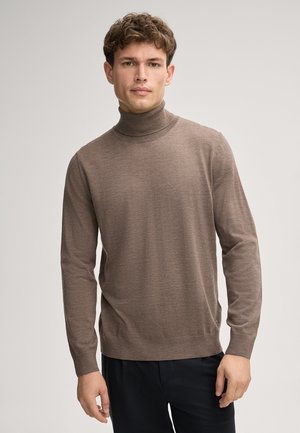 Brauner Rollkragenpullover aus weichem Stoff, mit langen Ärmeln und geripptem Saum. Das Material hat eine glatte, leichte Textur.