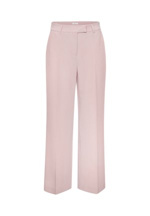 Hellrosa, hoch taillierte, weit geschnittene Hose mit Gürtelschlaufen und verdecktem Vorderreißverschluss, auf weißem Hintergrund dargestellt.