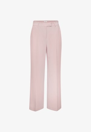 Lichtroze, high-waist, wijde broekspijpen met riemlussen en een verborgen voorsluiting, getoond op een witte achtergrond.