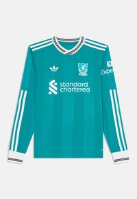 Maglia da calcio a maniche lunghe color teal con strisce bianche. Presenta un collo rotondo, il logo del club e il logo dello sponsor. Realizzata in materiale traspirante.
