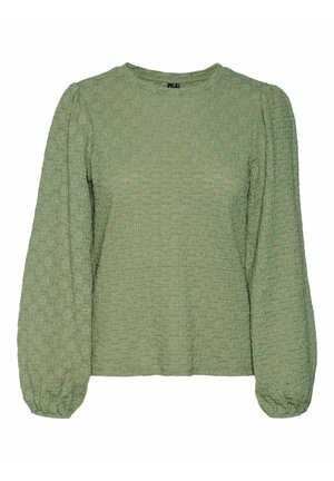Zeleni dugih rukava s teksturom, okruglim izrezom i napuhanim rukavima, s blagim uzorkom. Mekani materijal s ležernim krojem.