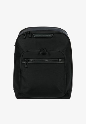 Zwarte nylon rugzak met dubbele rits, voorvak en een gestructureerd oppervlak met een verhoogd logoaccent.