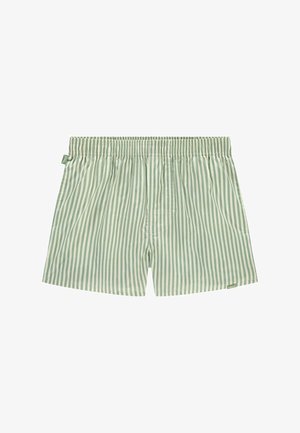 Shorts en coton rayés verts et blancs avec une taille élastique et une poche arrière unique. Tissu léger avec une texture lisse.