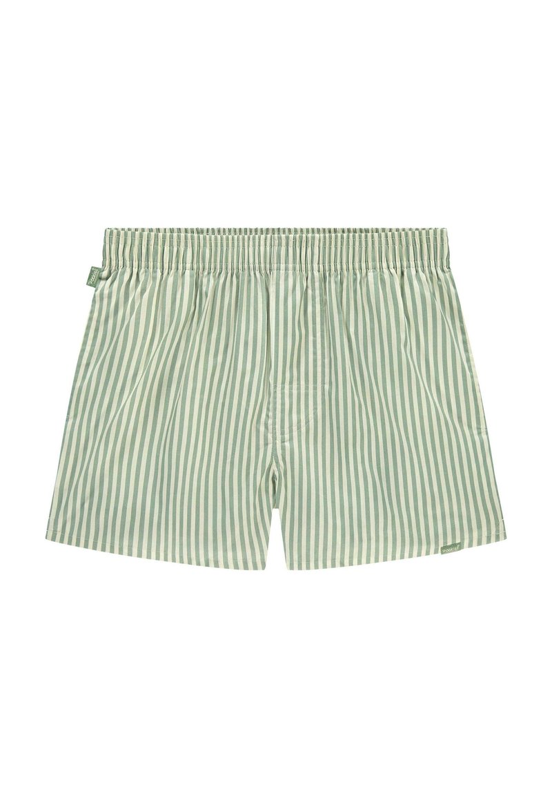 Shorts en coton rayés verts et blancs avec une taille élastique et une poche arrière unique. Tissu léger avec une texture lisse.