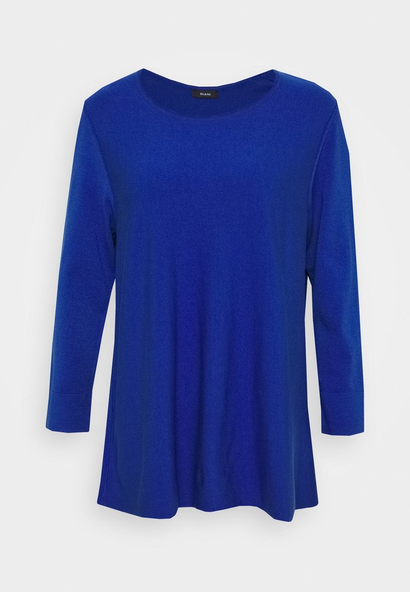 Blå långärmad topp med rund halsringning. Tillverkad av mjukt tyg, den har en avslappnad passform och slät textur. Ingen mönster eller dekorationer.