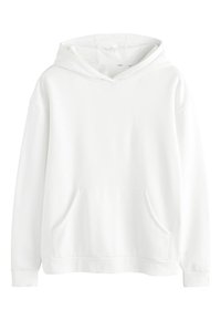 Weißer Hoodie mit langen Ärmeln, vorderer Kängurutasche und gerippten Bündchen, auf einfachem Hintergrund gezeigt.