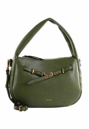 Sac à main en cuir vert olive avec garnitures dorées, double bandoulière, détails décoratifs avec boucle à l'avant, et petit logo "Picard".