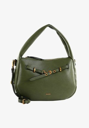 Sac à main en cuir vert olive avec garnitures dorées, double bandoulière, détails décoratifs avec boucle à l'avant, et petit logo "Picard".