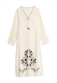 Langärmliges cremfarbenes Kleid mit schwarzem, gesticktem Blumenmuster am Saum. Verfügt über einen V-Ausschnitt mit einer Bindeschließe und dekorativen Nähten.
