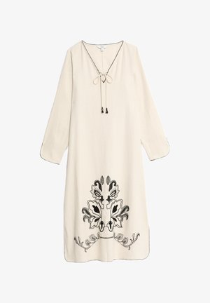 Robe crème à manches longues avec un motif floral noir brodé à l'ourlet. Présente un décolleté en V avec une fermeture à nouer et des coutures décoratives.