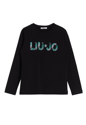 Sort langærmet skjorte med rund hals og glitrende turkis og sølv "LIU•JO" logo på brystet.