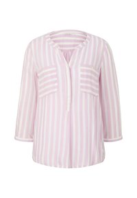 Blusa a righe rosa chiaro e bianca, con scollatura a V, maniche a tre quarti e due tasche frontali con dettagli in bottone.