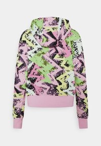 Felpa con cappuccio caratterizzata da un motivo geometrico astratto nei colori rosa, verde e nero, con orlo e polsini a coste rosa. Tessuto morbido.