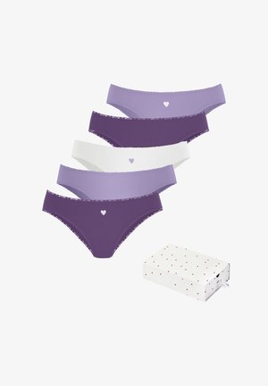 Five pairs of panties in varying shades of purple, white, and lavender, featuring lace trim and small heart accents, packaged in a spotted box.