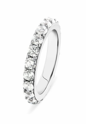 Ehering aus Weißgold mit einer Reihe runder, klarer Edelsteine, die in einer Reihe gefasst sind, mit einem polierten, glatten Band und Prong-Details.