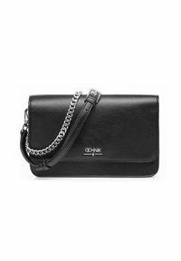 Czarna skórzana torebka o strukturalnym designie, z srebrnym łańcuchem jako paskiem oraz z zapięciem na zatrzask. Posiada logo z przodu oraz gładką fakturę.
