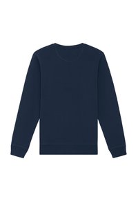 Marineblauwe sweatshirt, lange mouwen, ronde hals, ribgebreide manchetten en onderzoom, gemaakt van een zachte katoenmix, minimalistisch ontwerp, zonder patronen.