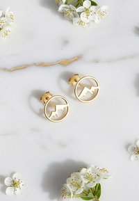 Guldklädda studs med en cirkulär design som har en fjällsilhuett. Slät yta med en polerad textur. Storlek som passar för vardagsbruk.