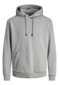 Sweat à capuche gris clair avec poche kangourou à l'avant, capuche à cordon et poignets et bas côtelés, présenté sur fond blanc.