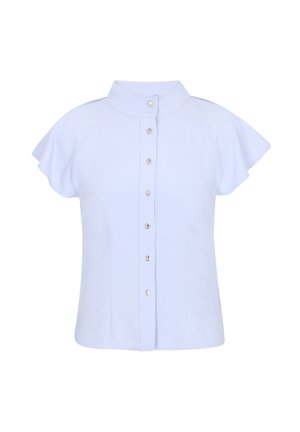 Lyseblå kortærmet bluse med høj krave og frontknaplukning med syv skinnende sølvknapper.