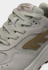 Lichtgrijze sneaker van suède en mesh materialen, met platte veters, een beige logo-accent en een dikke witte zool. Getextureerd oppervlak.