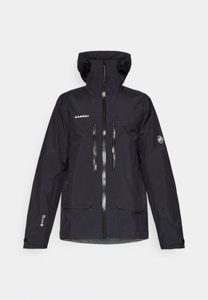 Black waterproof jacket with a hood, multiple zippered pockets, reflective detailing, and adjustable cuffs. Smooth texture and ergonomic design.